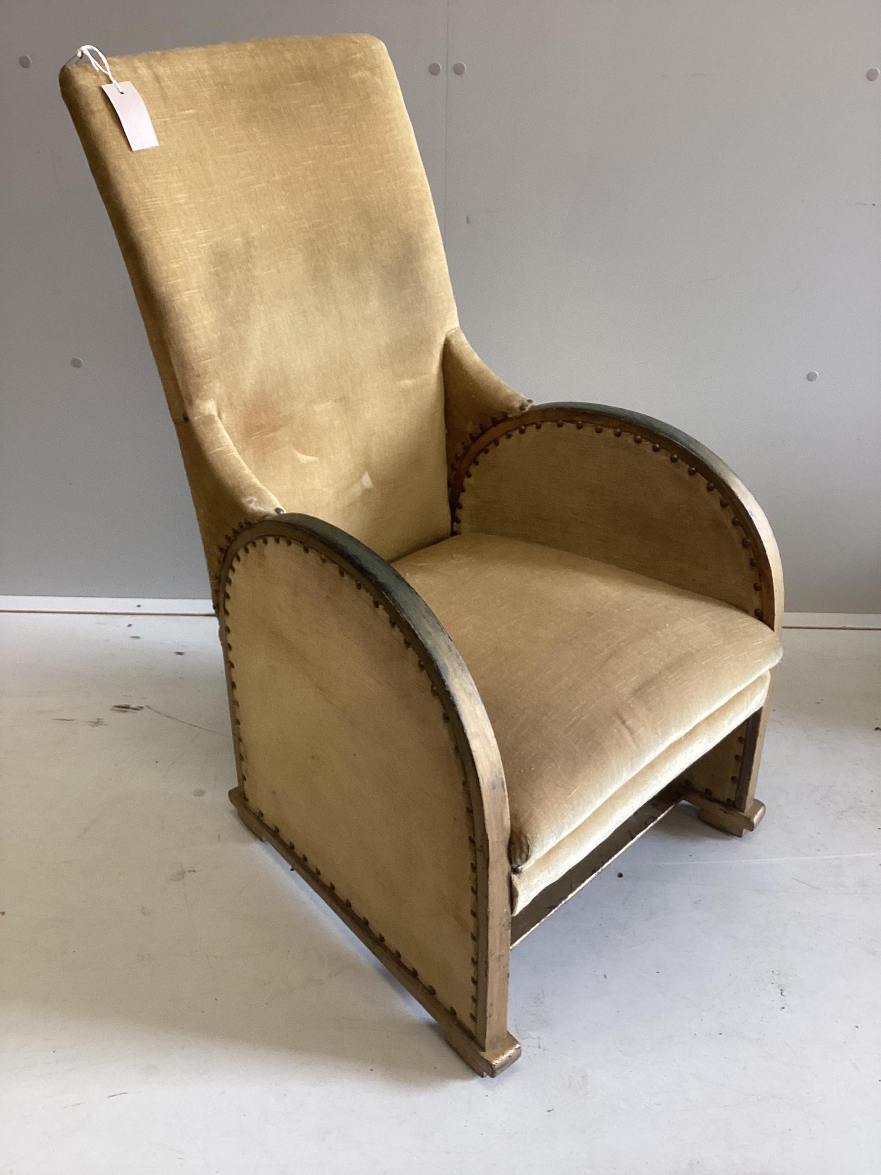In the manner of Gilbert Rhode, an upholstered side chair, width 49cm, depth 54cm, height 94cm. Condition - fair
